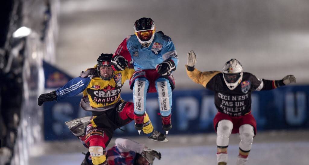 Brian Schack of the United States, Adam Skube of Canada  Tristan Dugerdil  of France and Pieter Gysel of Belgium  perform during the Finals of the Red Bull Crashed Ice, the second stop of the Ice Cross Downhill World Championship in Saint Paul, MN, United States of America on February 22, 2014. // Andreas Schaad/Red Bull Content Pool // P-20140223-00050 // Usage for editorial use only // Please go to www.redbullcontentpool.com for further information. //